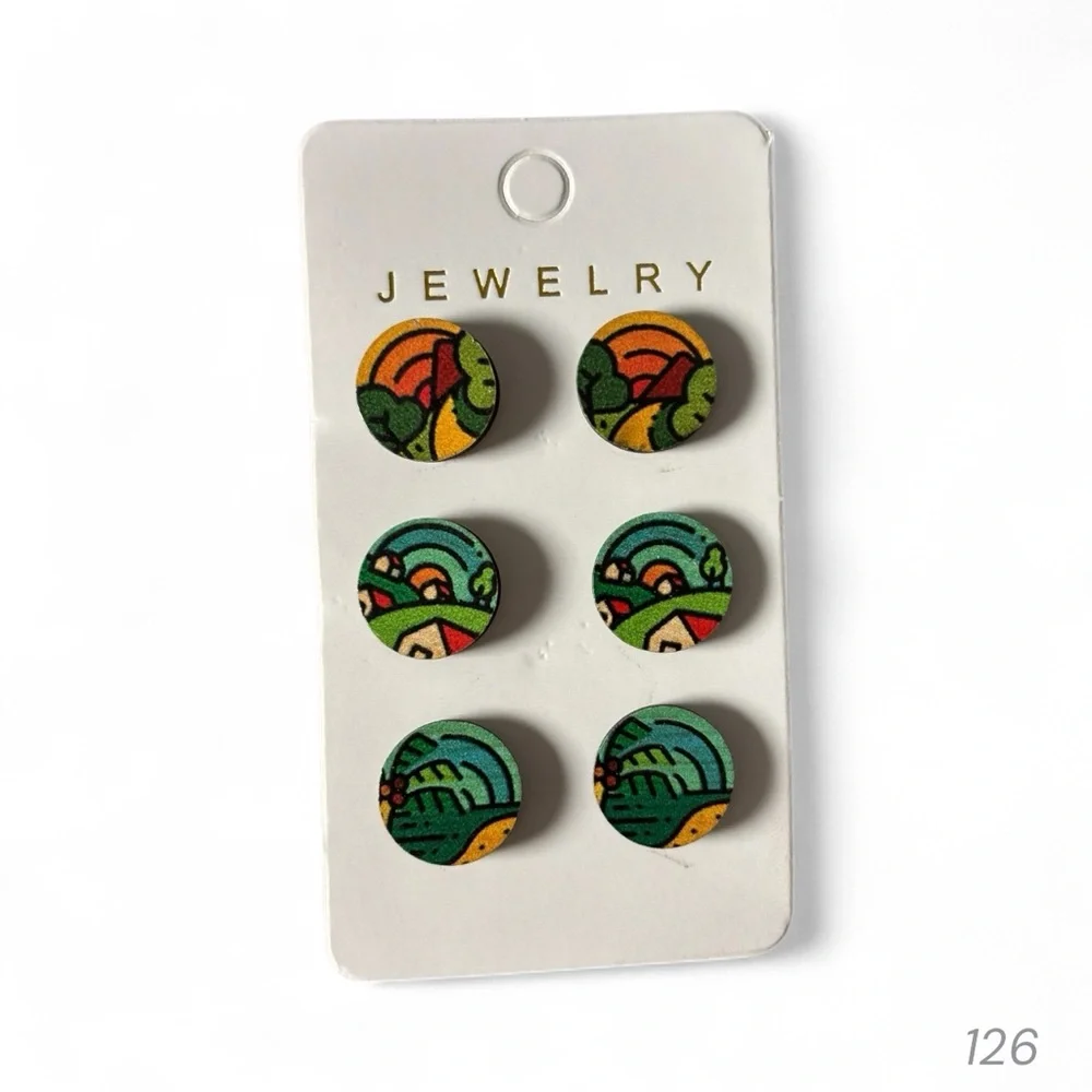 Women Colorful Farmhouse Scene Round Earrings Set